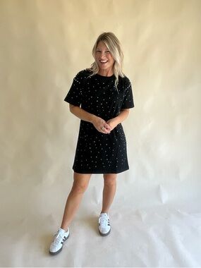 Black Short Sleeve Studded T-Shirt Dress